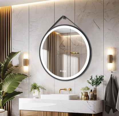 Round LED Bathroom Mirror With Leather Strap Anti Fog