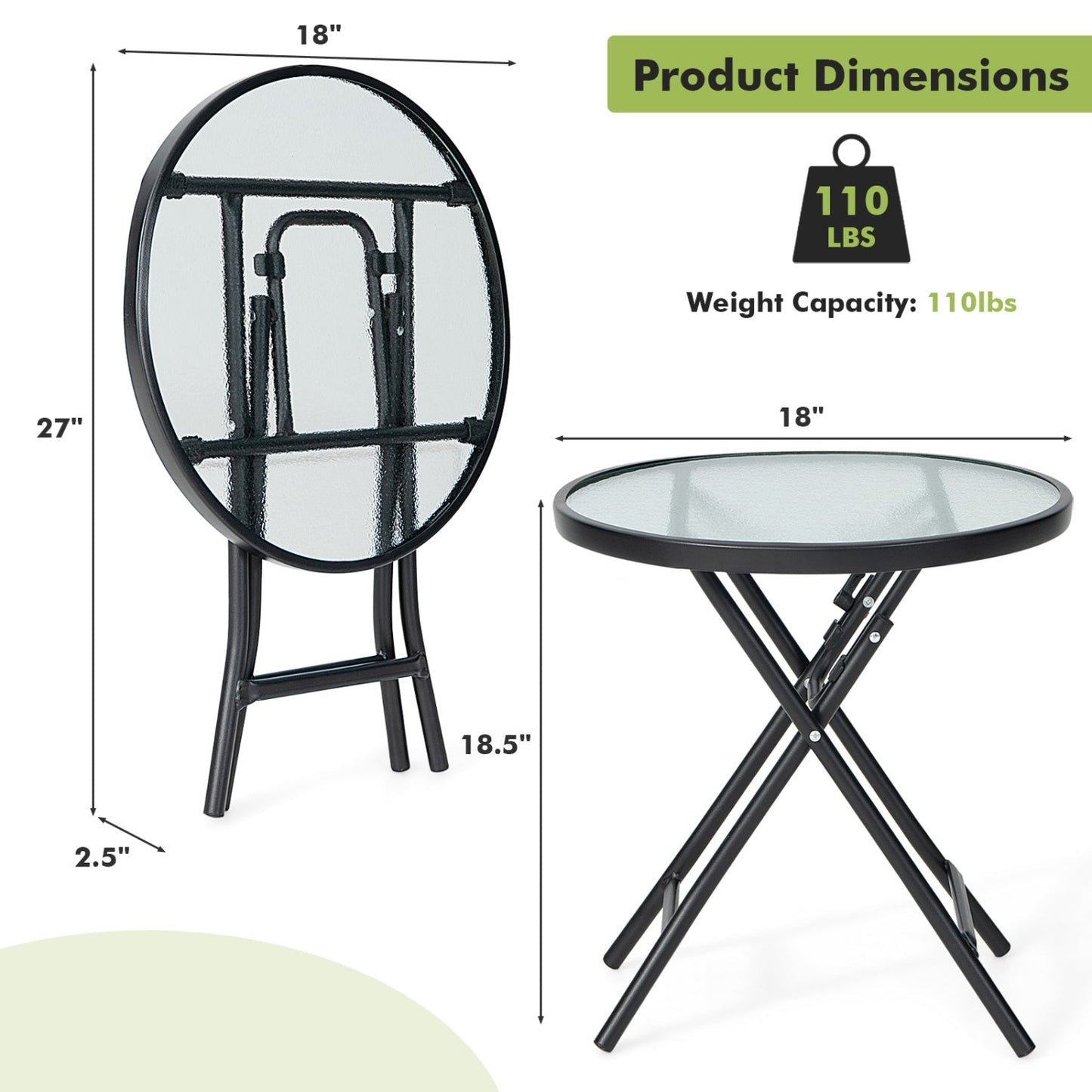 Round Folding Patio Side Tables with Tempered Glass Top