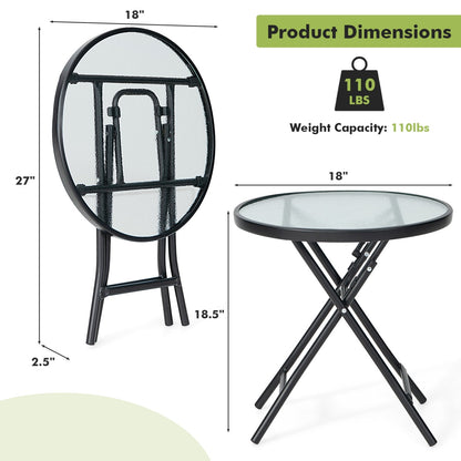 Round Folding Patio Side Tables with Tempered Glass Top