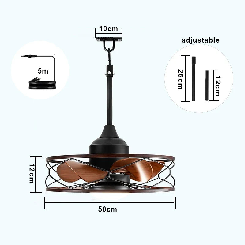 Industrial Style Ceiling Fan with Light and Remote Control Black Round Cage Outdoor Waterproof Fan with Hook for Patios Porch