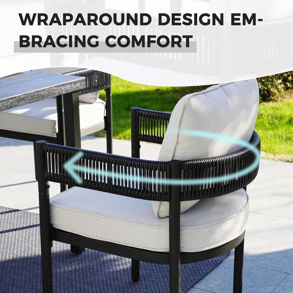 Outdoor Dining Set With Woven Metal Chairs And Cushions