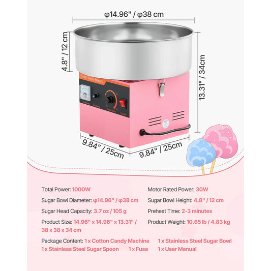 SucceBuy Cotton Candy Machine 1000W Electric Floss Maker Stainless Bowl