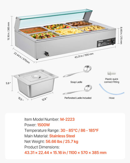 SucceBuy Commercial Food Warmer Stainless Steel Buffet With Glass Cover