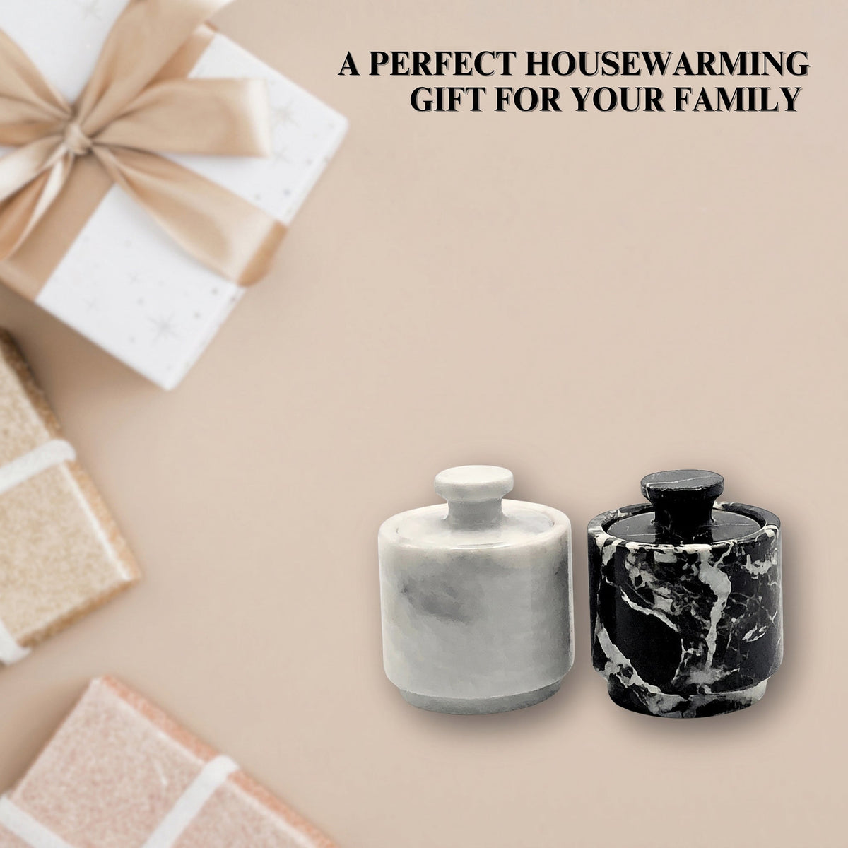 White and Red Marble Salt Cellar with Lid – 2 Pack Set
