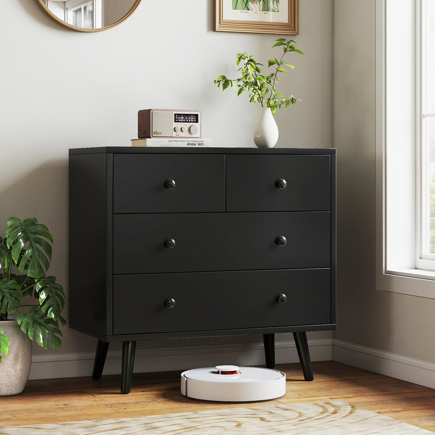 Wide Wooden Dresser with 4 Drawers for Bedroom Living Room