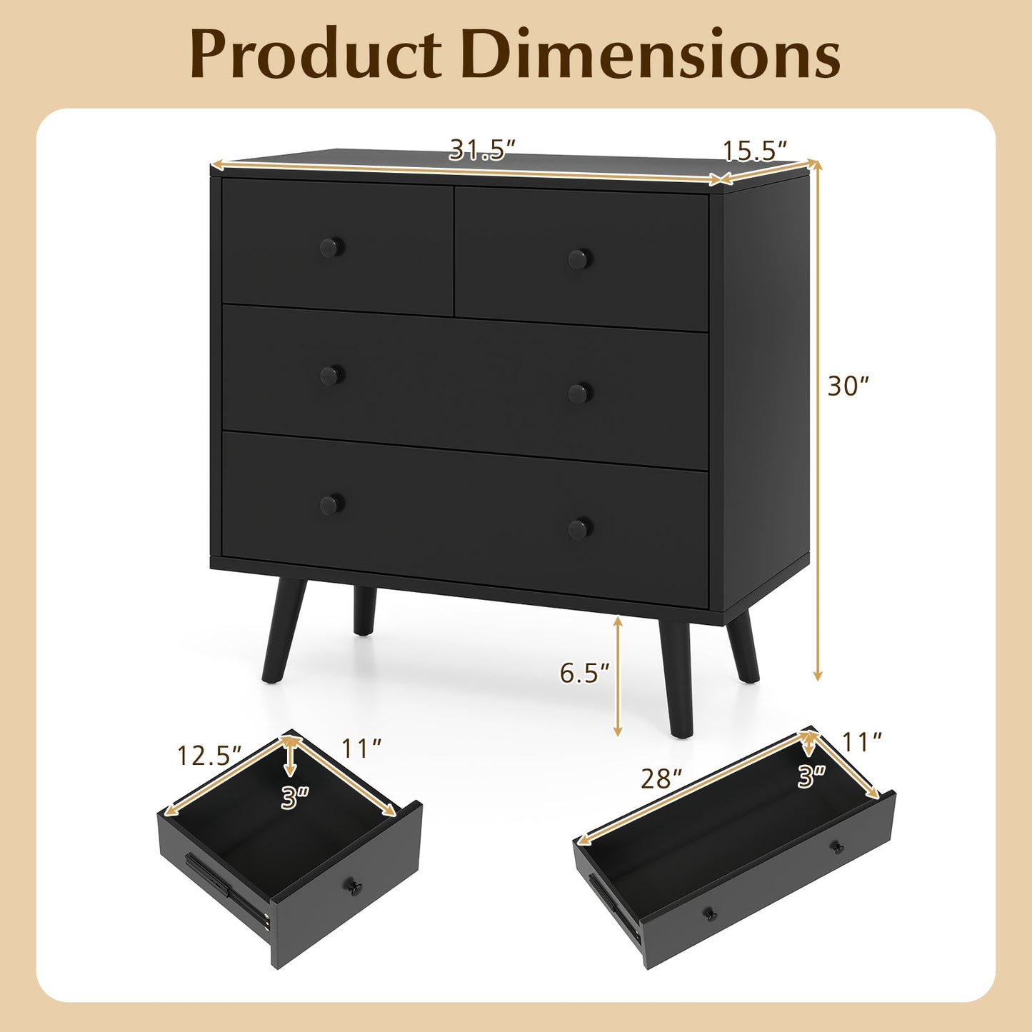 Wide Wooden Dresser with 4 Drawers for Bedroom Living Room