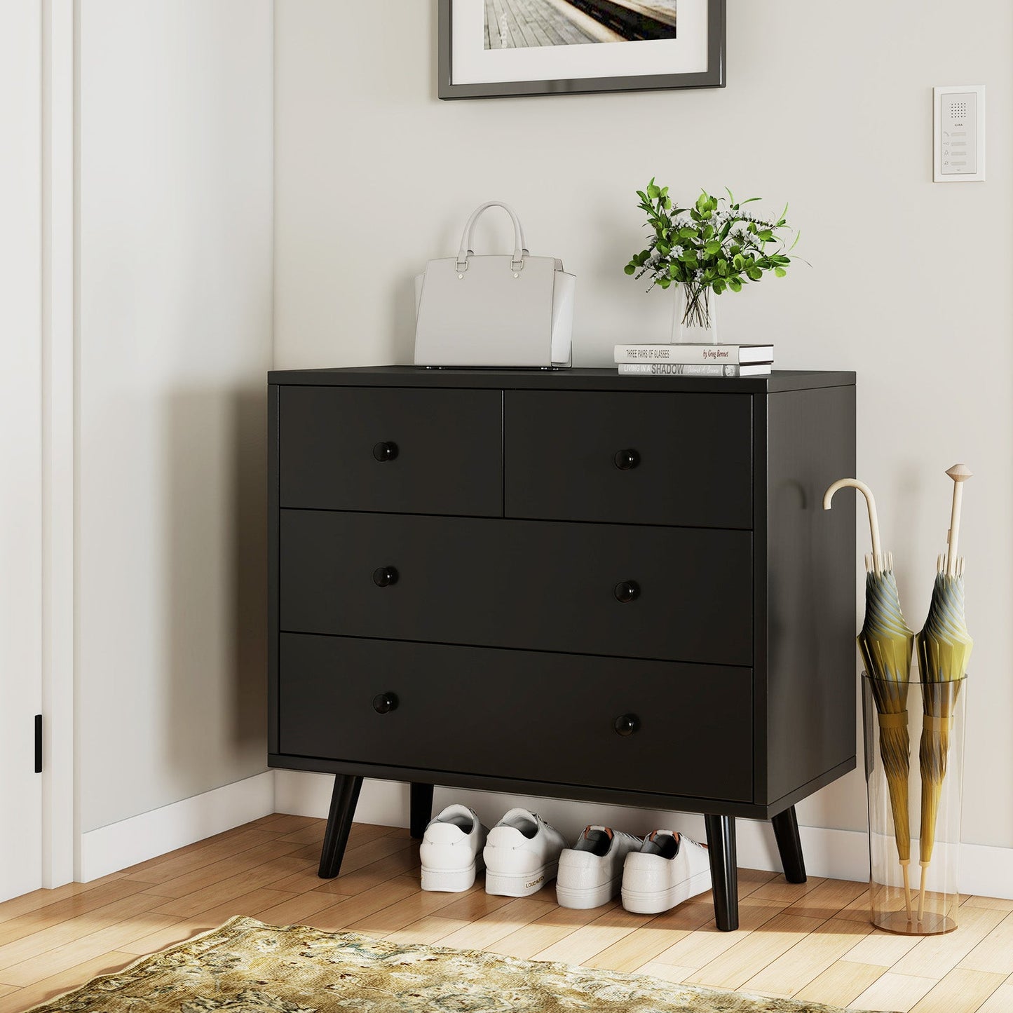 Wide Wooden Dresser with 4 Drawers for Bedroom Living Room