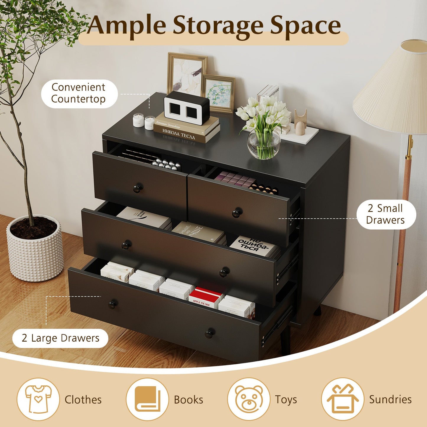 Wide Wooden Dresser with 4 Drawers for Bedroom Living Room