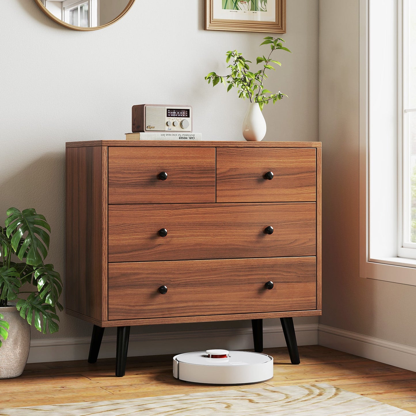 Wide Wooden Dresser with 4 Drawers for Bedroom Living Room