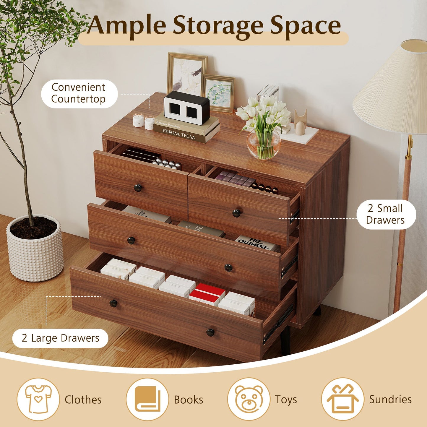 Wide Wooden Dresser with 4 Drawers for Bedroom Living Room