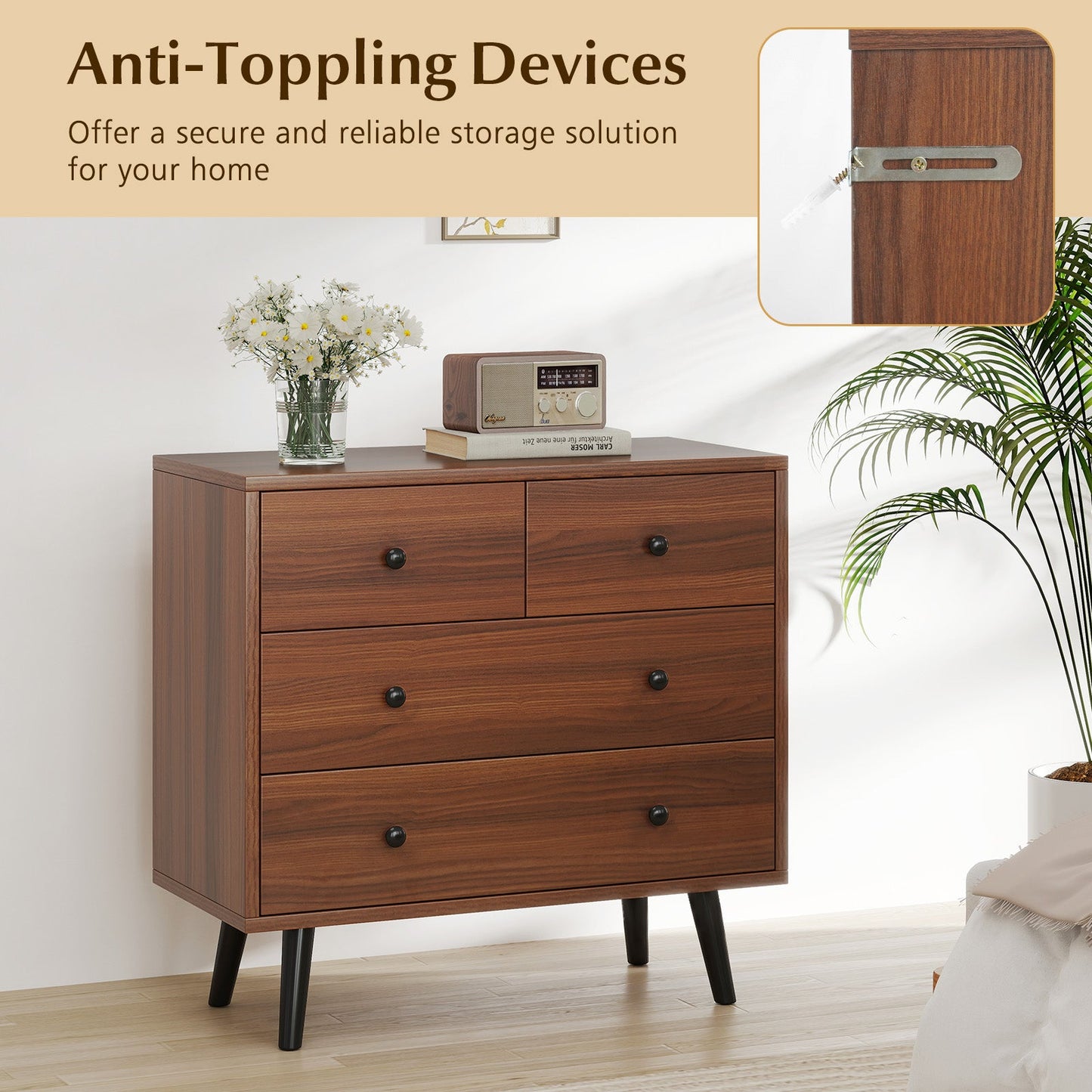 Wide Wooden Dresser with 4 Drawers for Bedroom Living Room