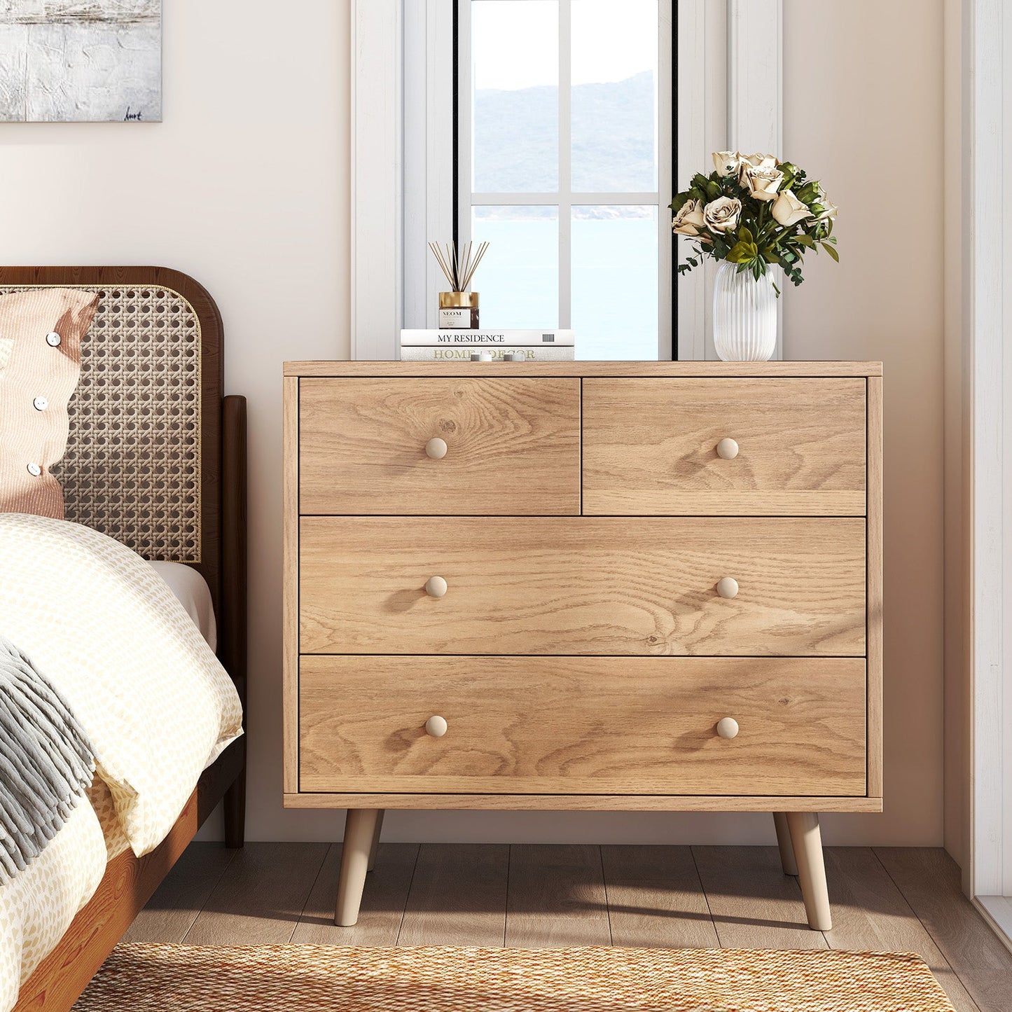 Wide Wooden Dresser with 4 Drawers for Bedroom Living Room