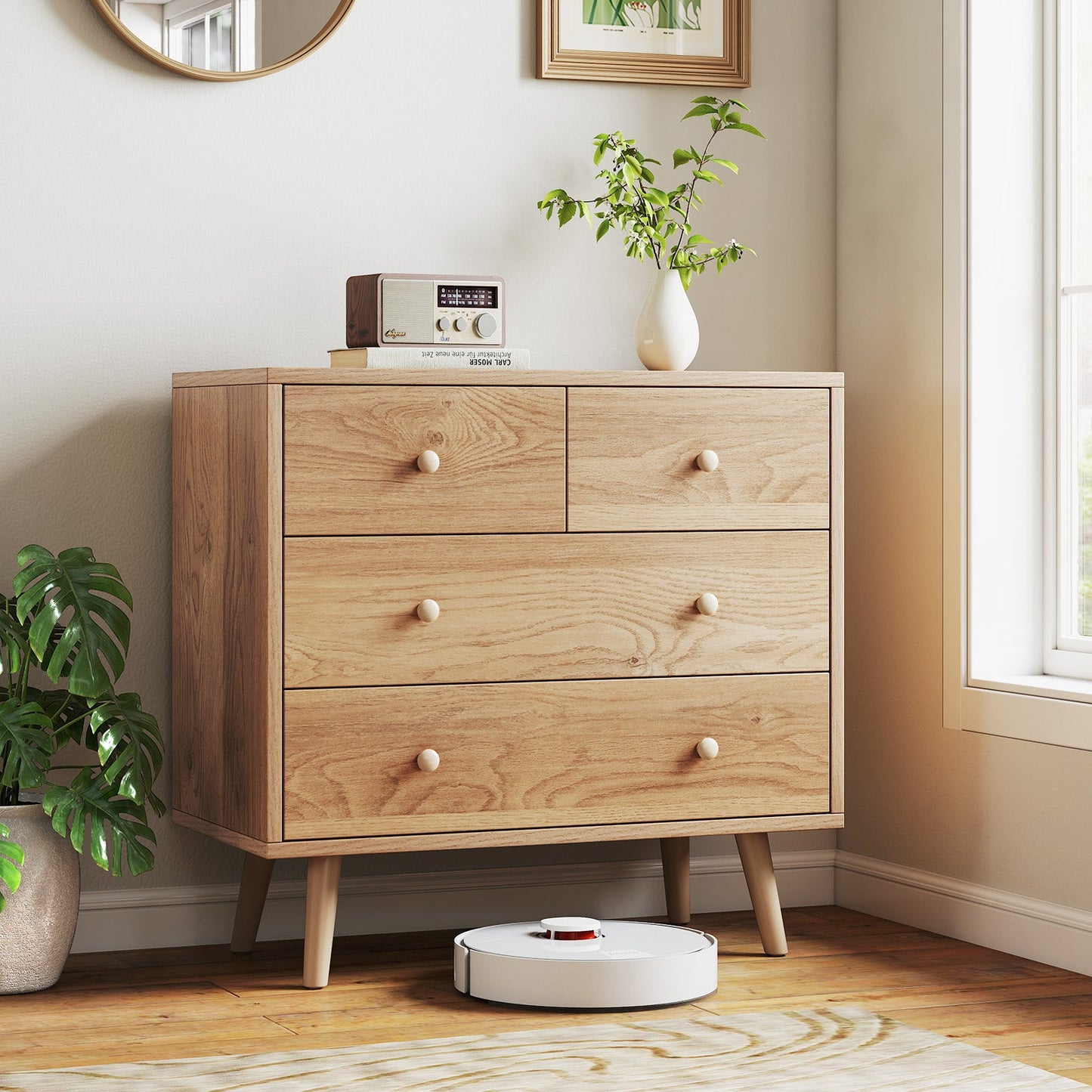 Wide Wooden Dresser with 4 Drawers for Bedroom Living Room
