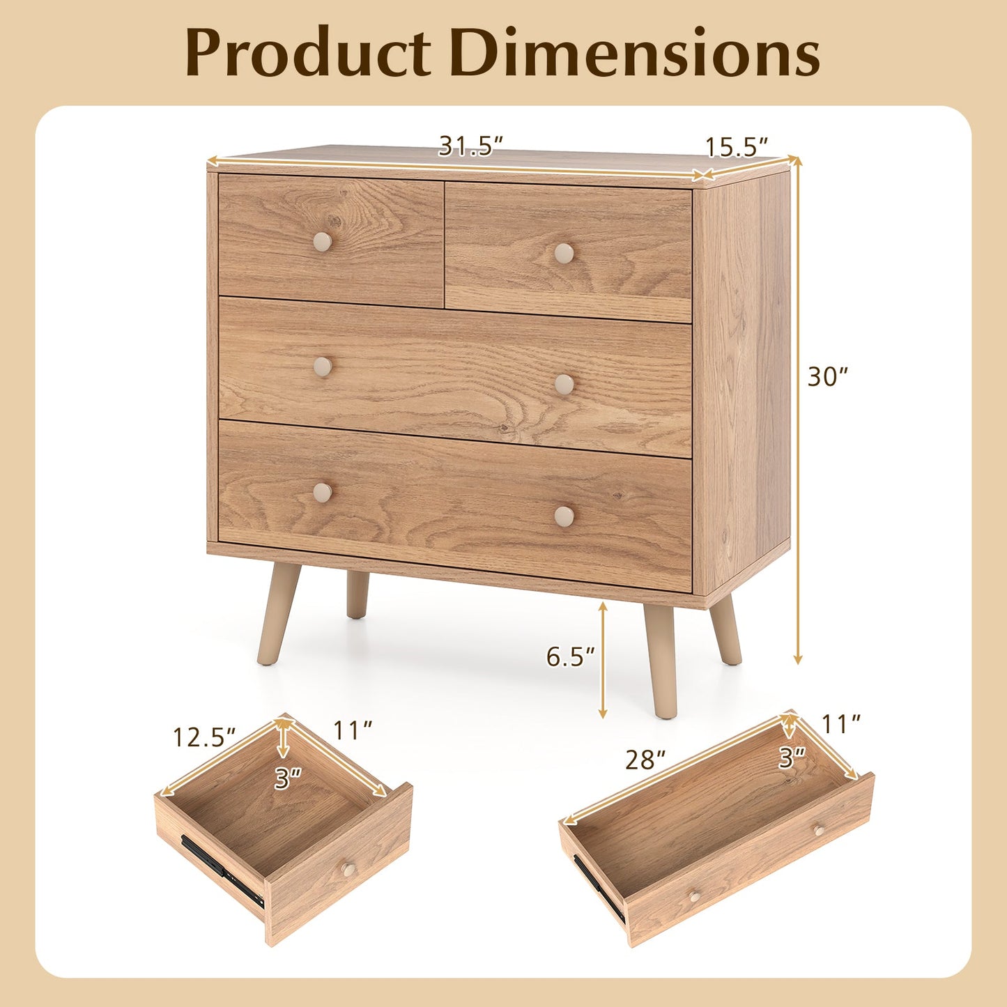Wide Wooden Dresser with 4 Drawers for Bedroom Living Room