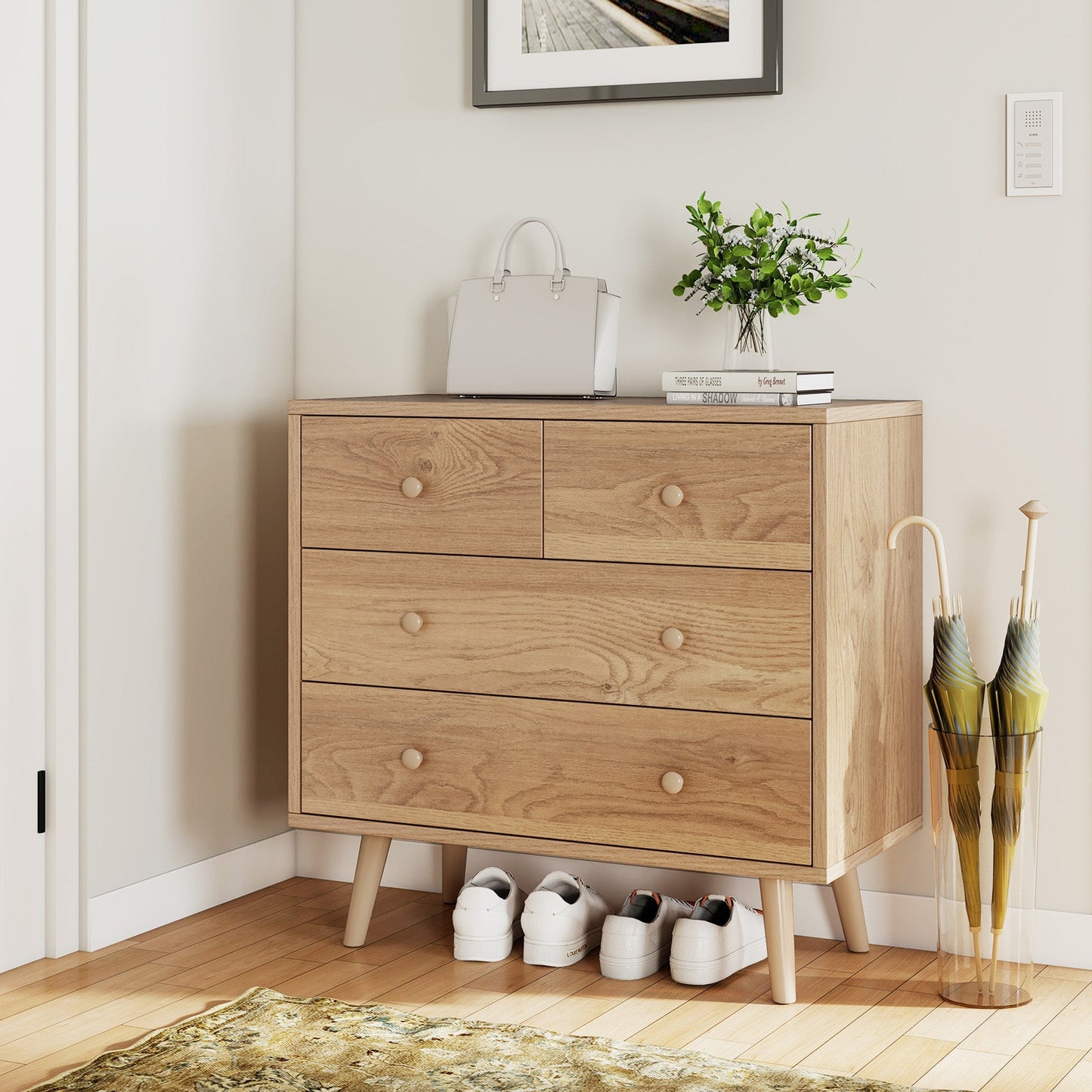 Wide Wooden Dresser with 4 Drawers for Bedroom Living Room