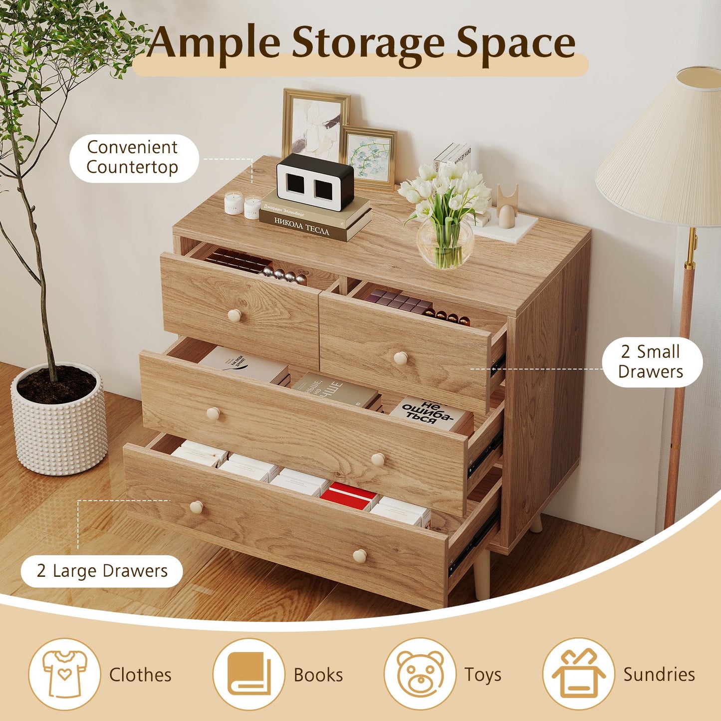 Wide Wooden Dresser with 4 Drawers for Bedroom Living Room