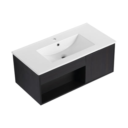 Wall Mounted Floating Bathroom Vanity With Open Shelf & Soft Close Door