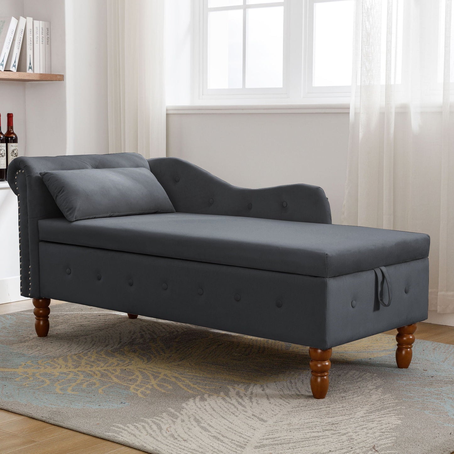 Chaise Lounge Indoor, Lounge Chair For Bedroom With Storage & Pillow, Modern Upholstered Rolled Arm Chase Lounge For Sleeping With Nailhead Trim For Living Room Bedroom Office