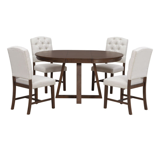 Dining Set With Leaf Round Table And 4 Upholstered Chairs