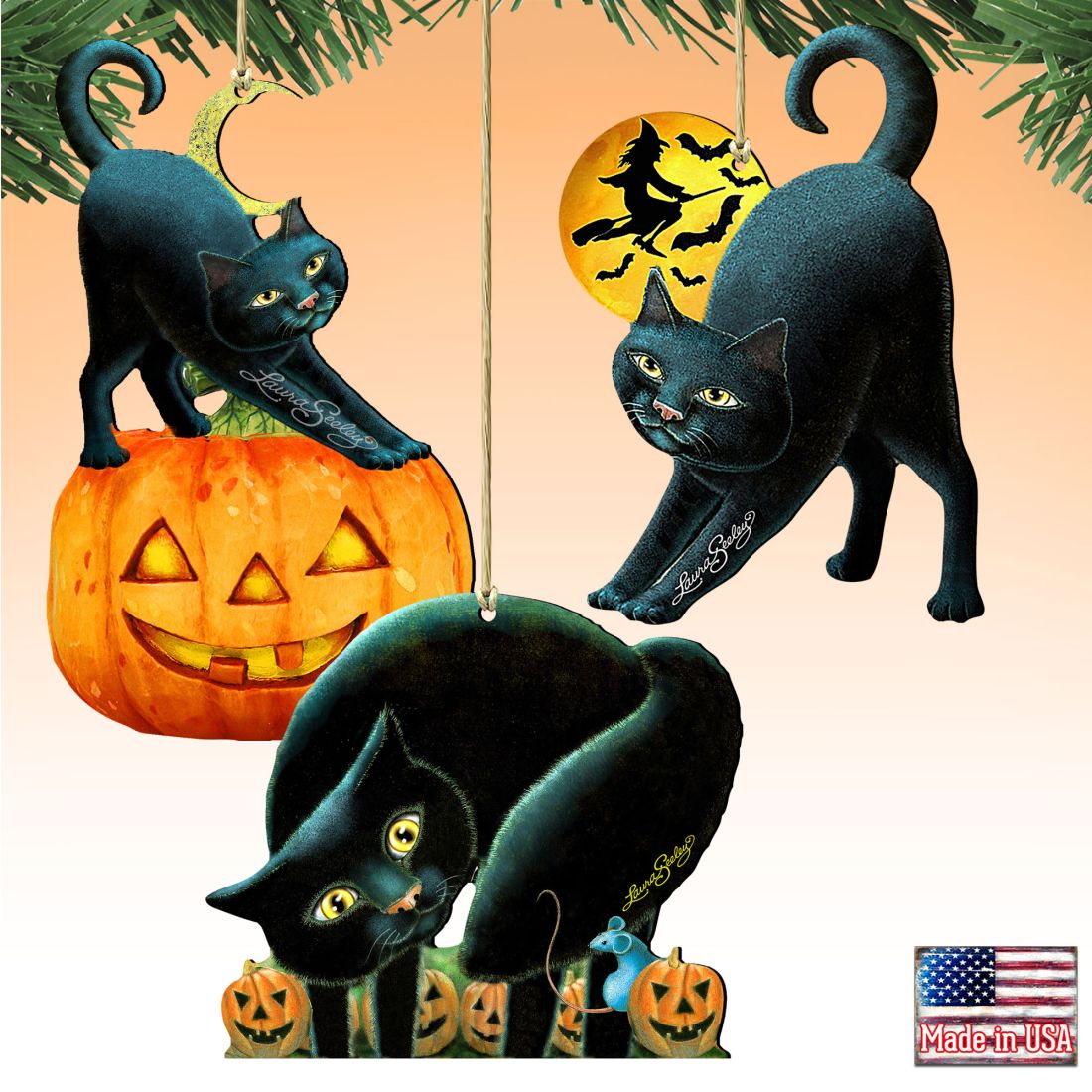 Halloween Wooden Ornaments-Spooky Cats-Set of 3 by G. DeBrekht - Thanksgiving Halloween Decor - 8100188S3
