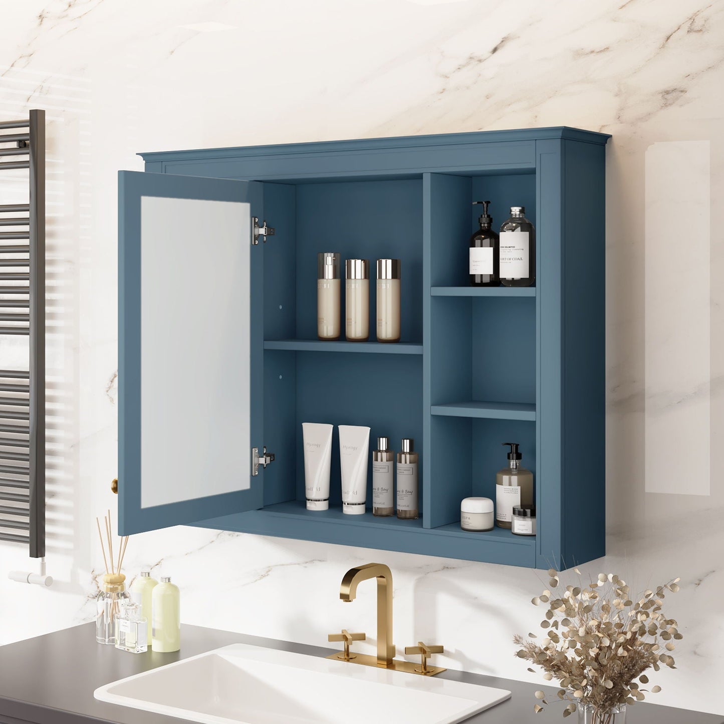 Wall Mounted Medicine Cabinet With Mirror, Storage Cabinet Featuring 6 Open Shelves And Adjustable Interior