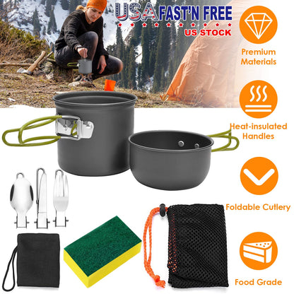 8Pcs Camping Cooking Ware Set Camping Stove Cookware Set Aluminum Pot Foldable Knife Fork Spoon Set for Hiking Picnic Outdoor