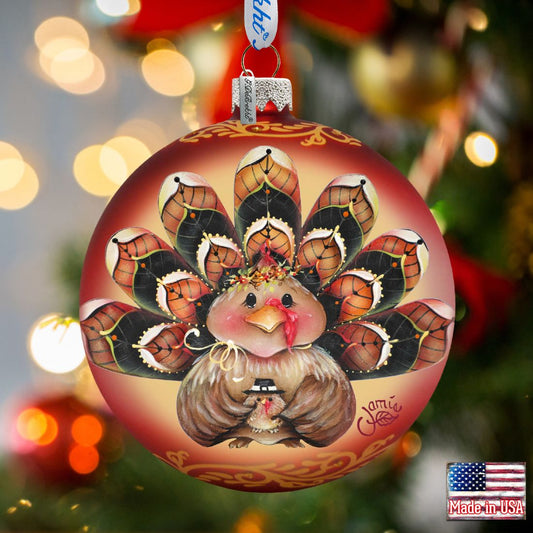 Be Thankful Turkey Sitter Ball Glass Ornament by Jamie Mills-Price - Thanksgiving Halloween Decor - 71210-7702
