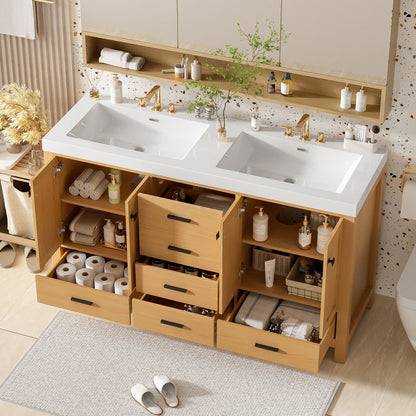 Bathroom Vanity With Double Sink, Soft Close Doors & Drawers Handles - Wood