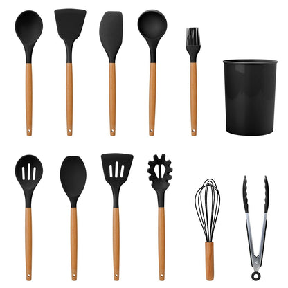 11-Piece Premium Silicone Cooking Utensil Set with Heat-Resistant Wooden Handles for Versatile Kitchen Use