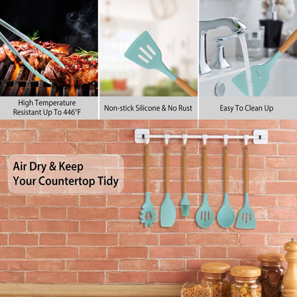 11-Piece Premium Silicone Cooking Utensil Set with Heat-Resistant Wooden Handles for Versatile Kitchen Use