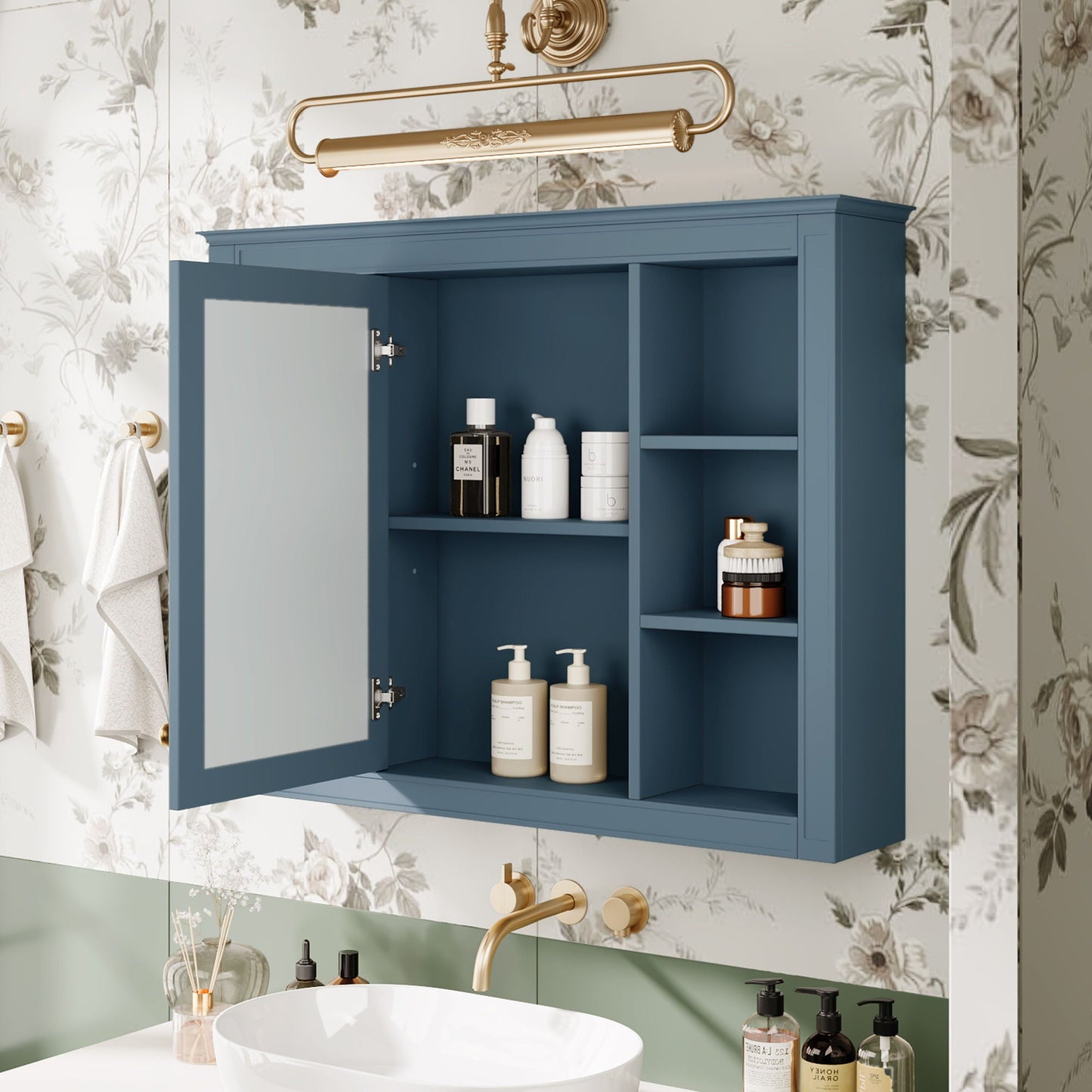 Wall Mounted Medicine Cabinet With Mirror, Storage Cabinet Featuring 6 Open Shelves And Adjustable Interior
