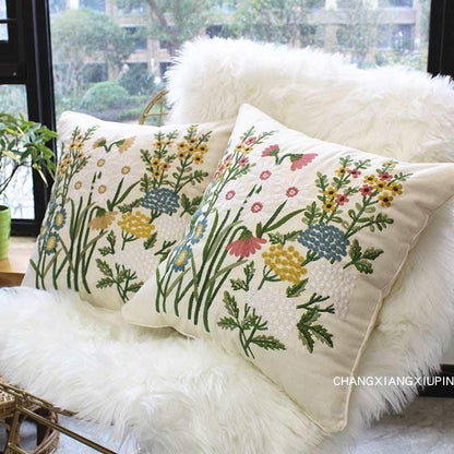 European Floral Cushion Cover Cotton Pillowcases Yellow Botanical Flowers and Green Leaves Floral Garden Pattern Printed Cushion Home Decor Rectangle Pillow Cover