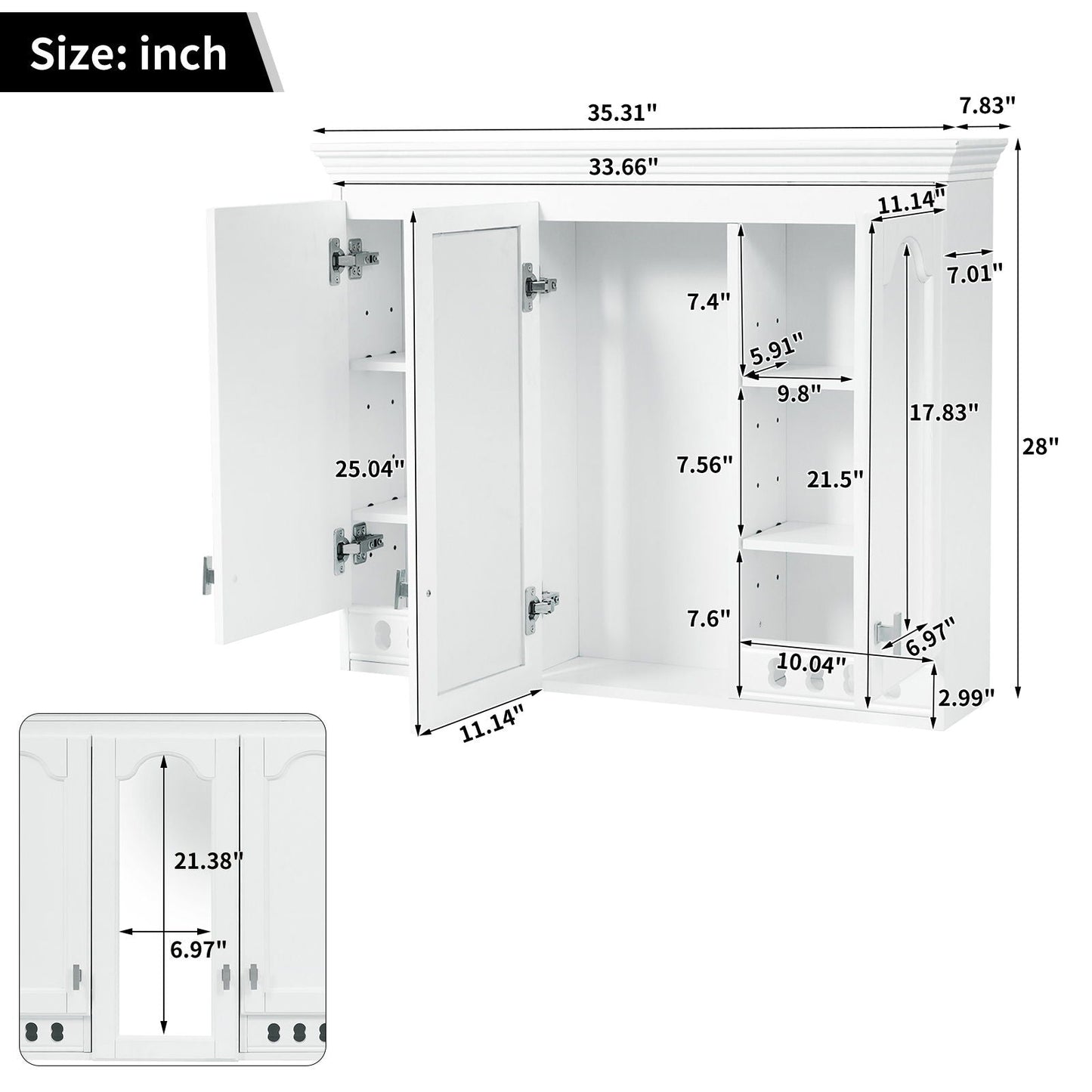 Wall Mount Mirror Cabinet With Adjustable Shelves, Soft Closing Hinges