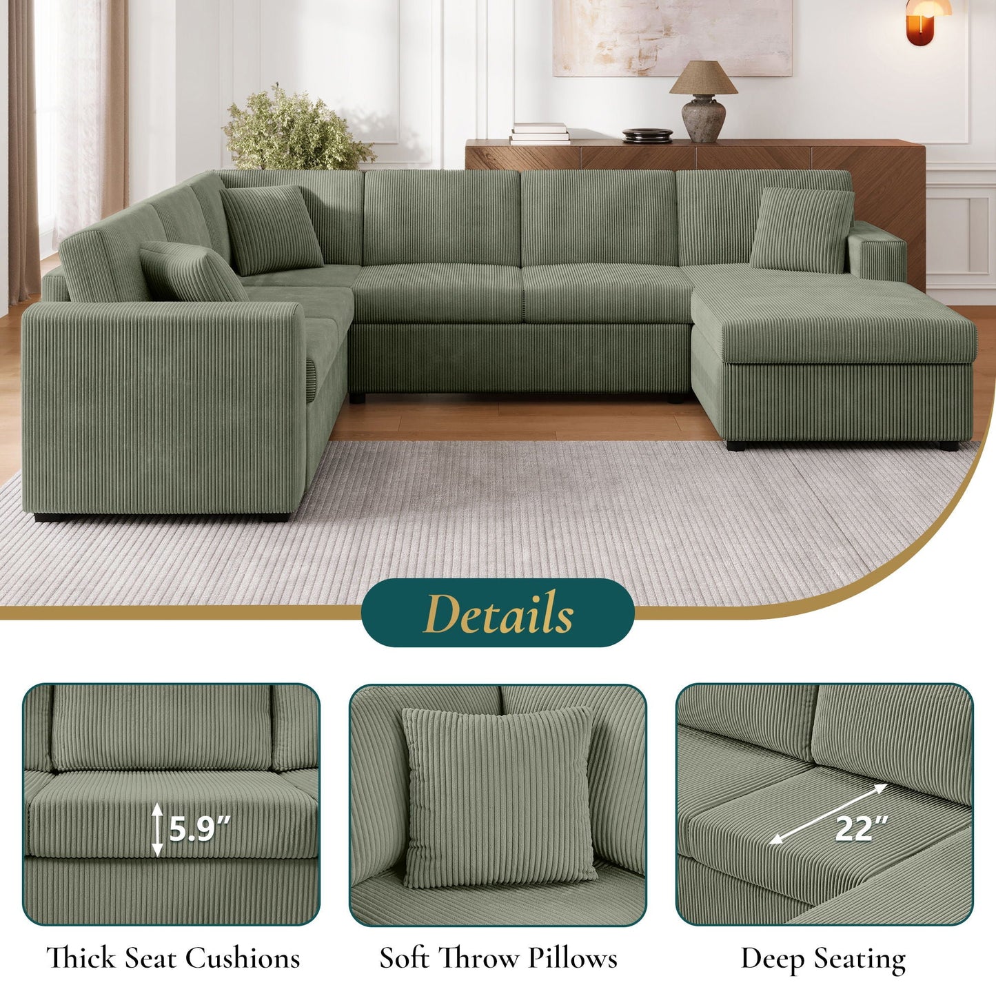 Oversized Sectional U-Shaped Sofa With Chaise Lounge And Three Soft Throw Pillows