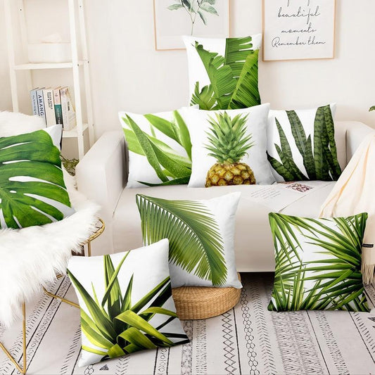 Fresh Green Leaves Digital Printed Pillowcase Home Pillow Decoration Tropical Green Leaves Throw Pillow Cover With Geometric Background Home Decorative Square Cushion Covers Cotton Linen Home Decor 45x45CM