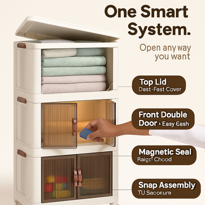 3Pcs Foldable Storage Bins with Lid Front Magnetic Door Collapsible Stackable Closet Organizer Containers with 4Pcs 360° Rotatable Wheels 8Pcs Small W