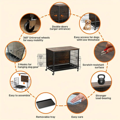 Large Heavy-Duty MDF & Wood Dog Crate Furniture - Double Door Kennel End Table with Removable Tray, Adjustable Divider &, Chew-Resistant Puppy Cage for Indoor/Outdoor Use, Multi-Size Dog House for Large Breeds (Golden Accent