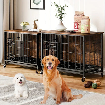 Large Heavy-Duty MDF & Wood Dog Crate Furniture - Double Door Kennel End Table with Removable Tray, Adjustable Divider &, Chew-Resistant Puppy Cage for Indoor/Outdoor Use, Multi-Size Dog House for Large Breeds (Golden Accent