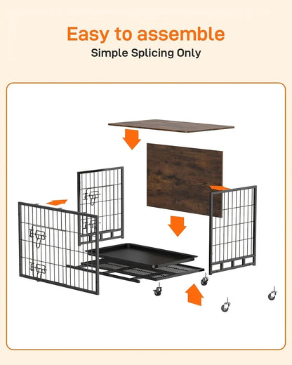 Large Heavy-Duty MDF & Wood Dog Crate Furniture - Double Door Kennel End Table with Removable Tray, Adjustable Divider &, Chew-Resistant Puppy Cage for Indoor/Outdoor Use, Multi-Size Dog House for Large Breeds (Golden Accent