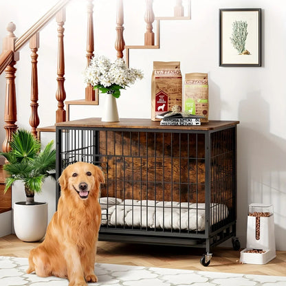 Large Heavy-Duty MDF & Wood Dog Crate Furniture - Double Door Kennel End Table with Removable Tray, Adjustable Divider &, Chew-Resistant Puppy Cage for Indoor/Outdoor Use, Multi-Size Dog House for Large Breeds (Golden Accent