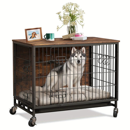 Large Heavy-Duty MDF & Wood Dog Crate Furniture - Double Door Kennel End Table with Removable Tray, Adjustable Divider &, Chew-Resistant Puppy Cage for Indoor/Outdoor Use, Multi-Size Dog House for Large Breeds (Golden Accent