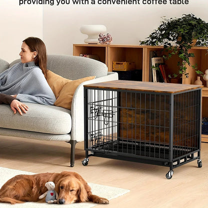 Large Heavy-Duty MDF & Wood Dog Crate Furniture - Double Door Kennel End Table with Removable Tray, Adjustable Divider &, Chew-Resistant Puppy Cage for Indoor/Outdoor Use, Multi-Size Dog House for Large Breeds (Golden Accent