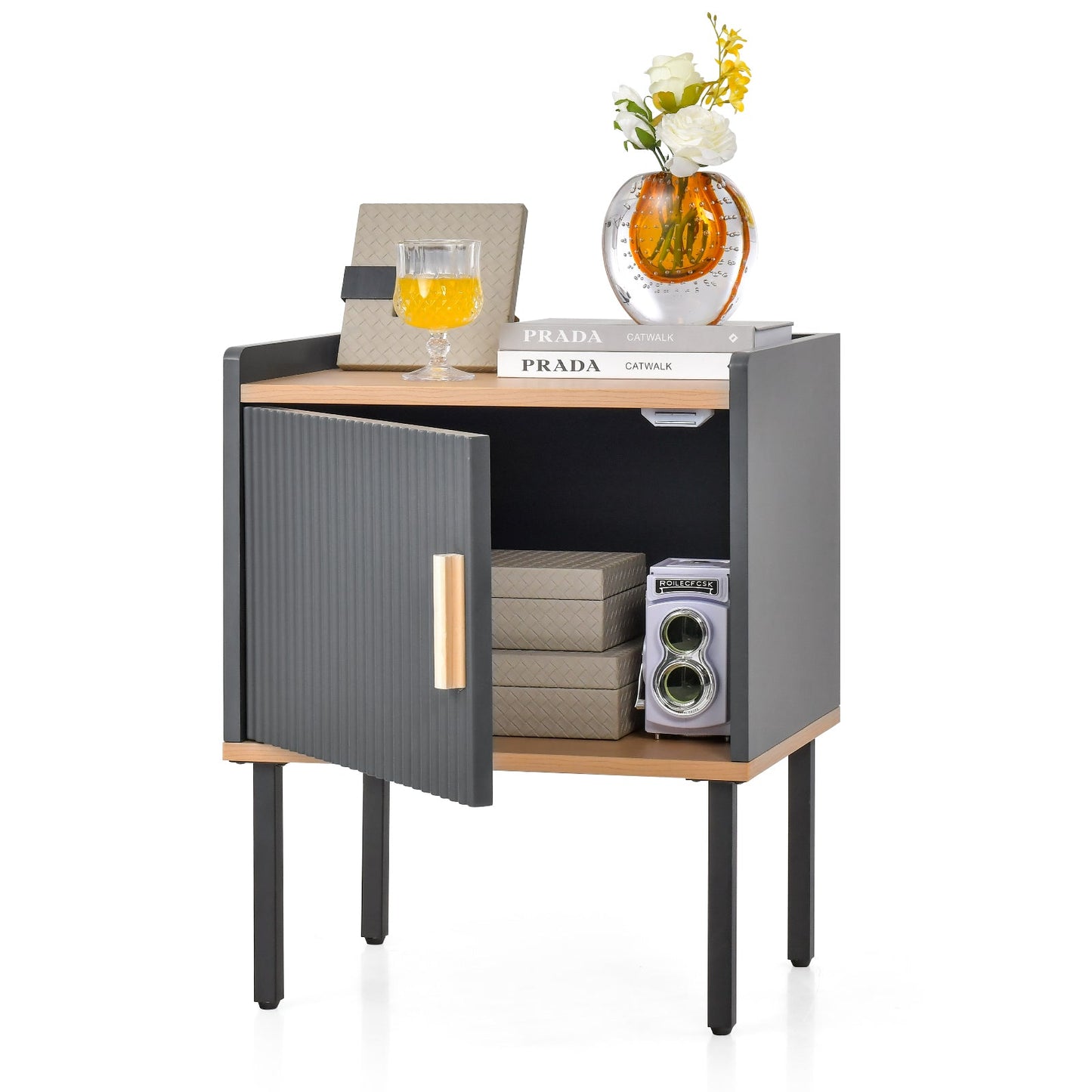 Nightstand Bedside End Table with Door Cabinet for Living Room Bedroom-Gray