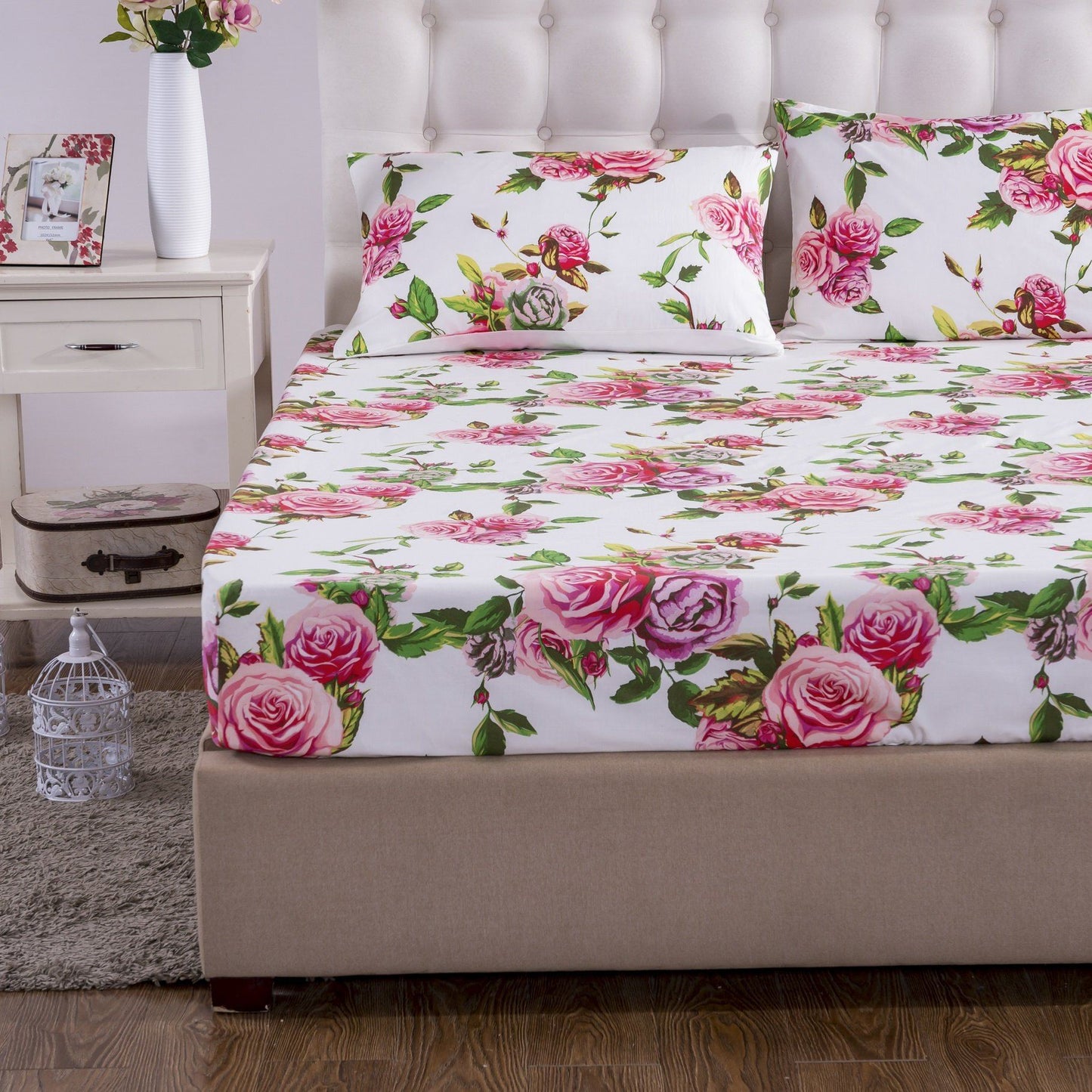 DaDa Bedding Pink Romantic Roses Floral Fitted Sheet Set