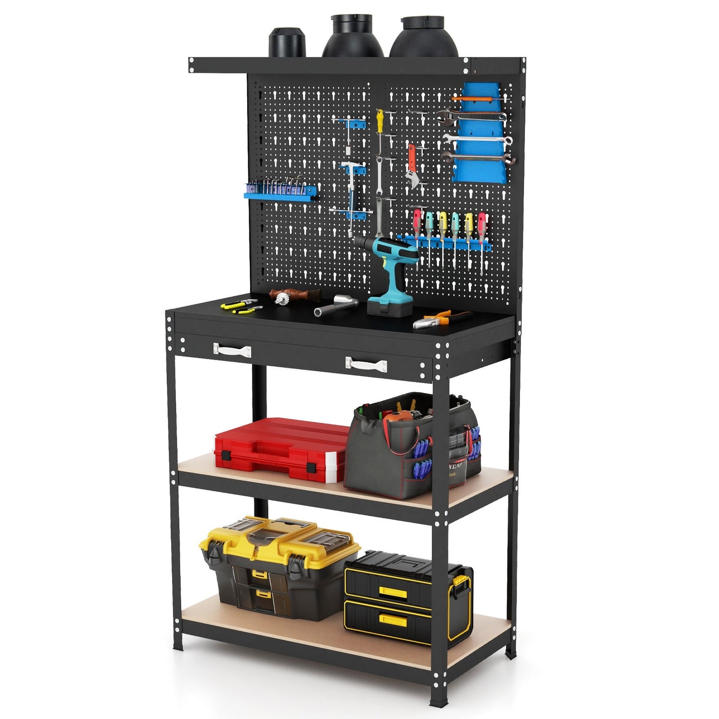 Tool Storage Workbench with Pegboard with 14 Hanging Accessories for Garage