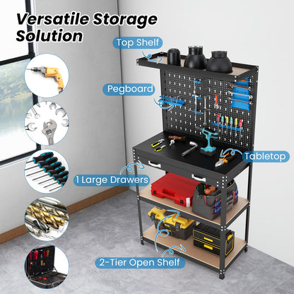 Tool Storage Workbench with Pegboard with 14 Hanging Accessories for Garage