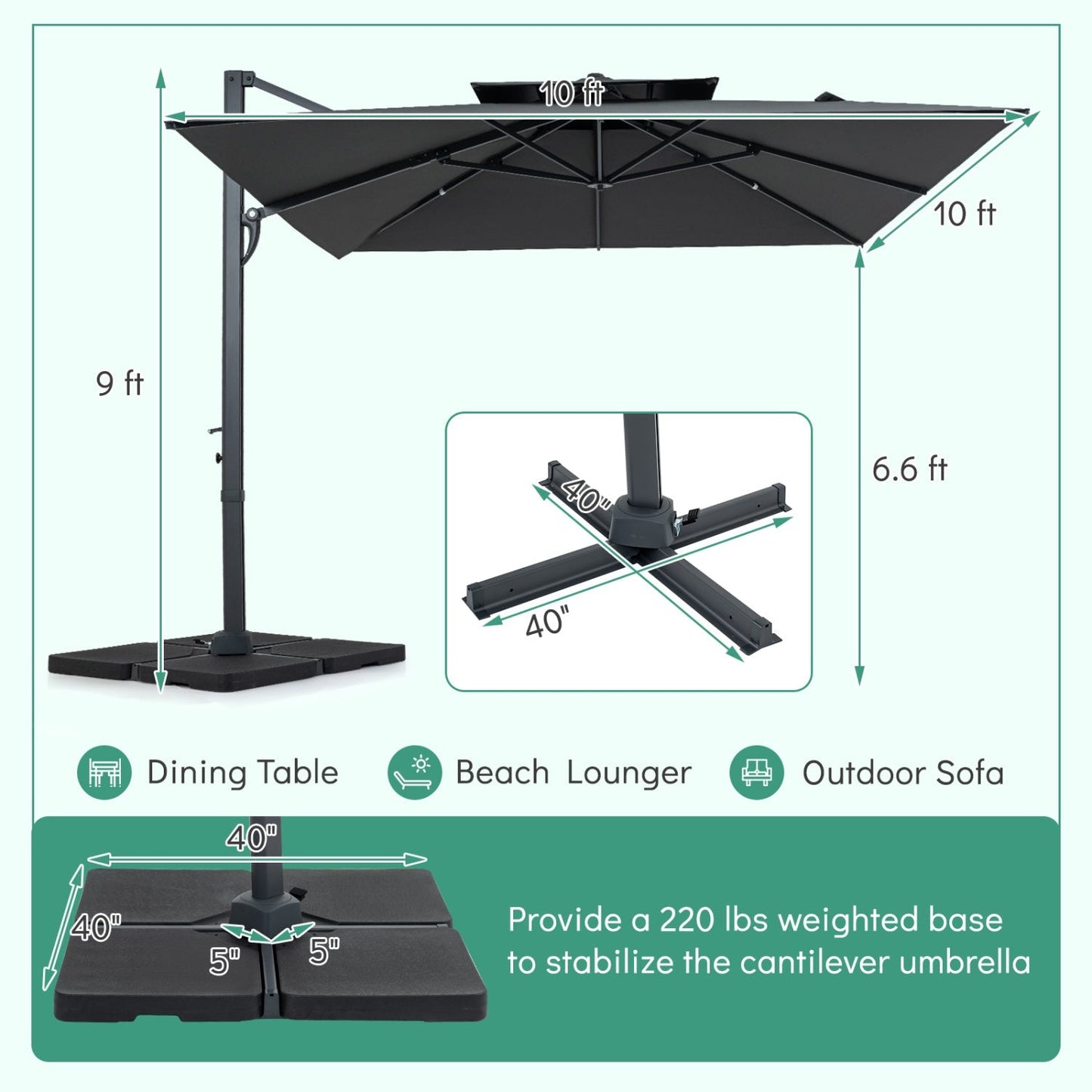 10 FT Cantilever Patio Umbrella with 220 LBS Base