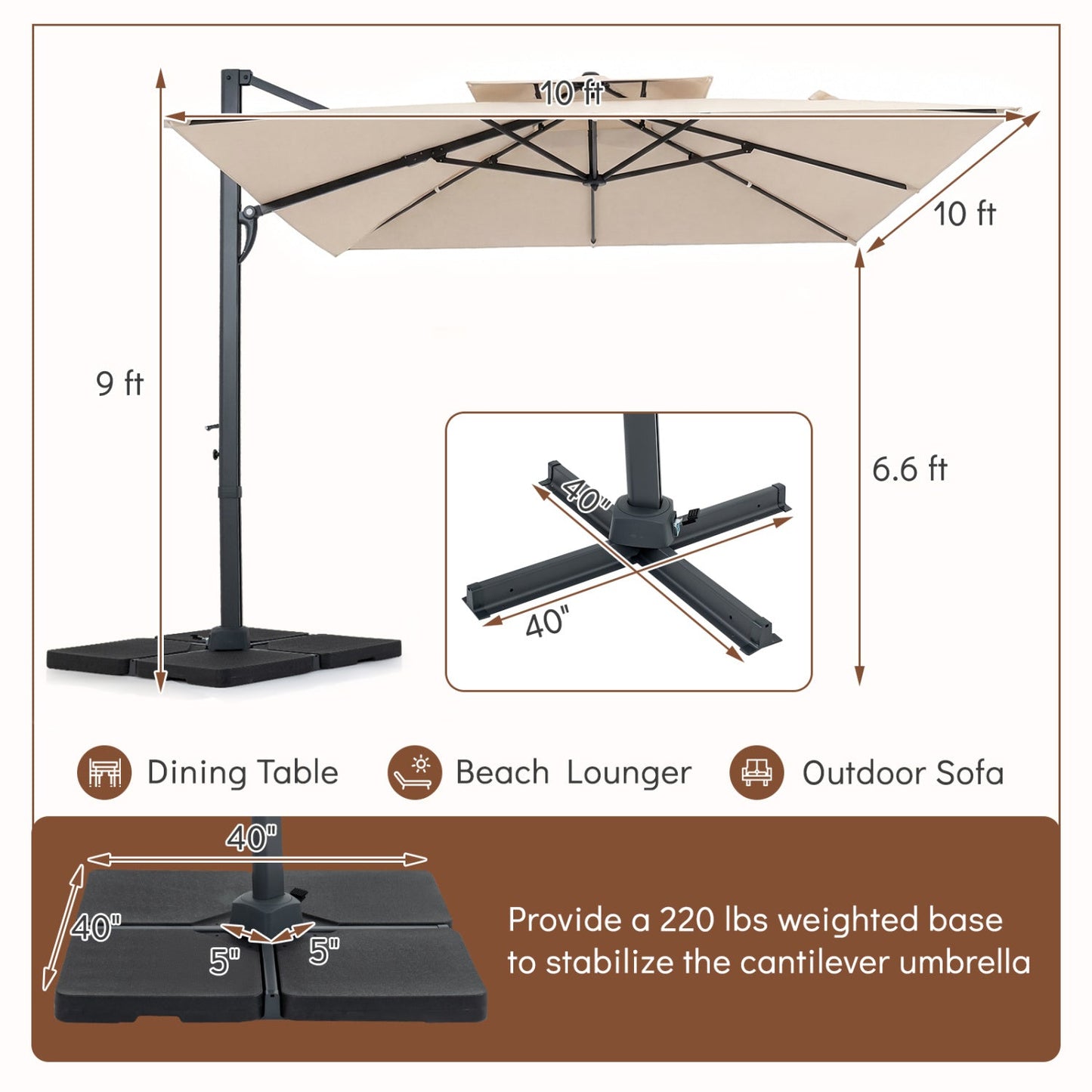 10 FT Cantilever Patio Umbrella with 220 LBS Base
